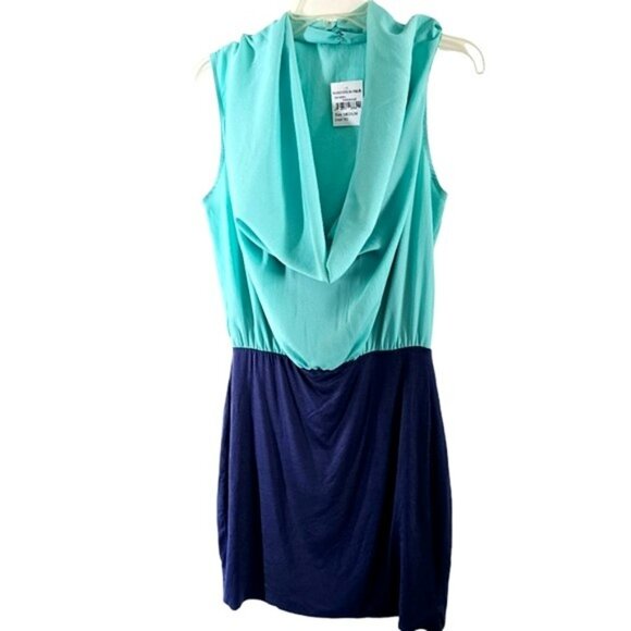 Soprano Women's Mini Dress Size Medium Aqua Navy Blue Draped Cascading Cocktail - Picture 3 of 13